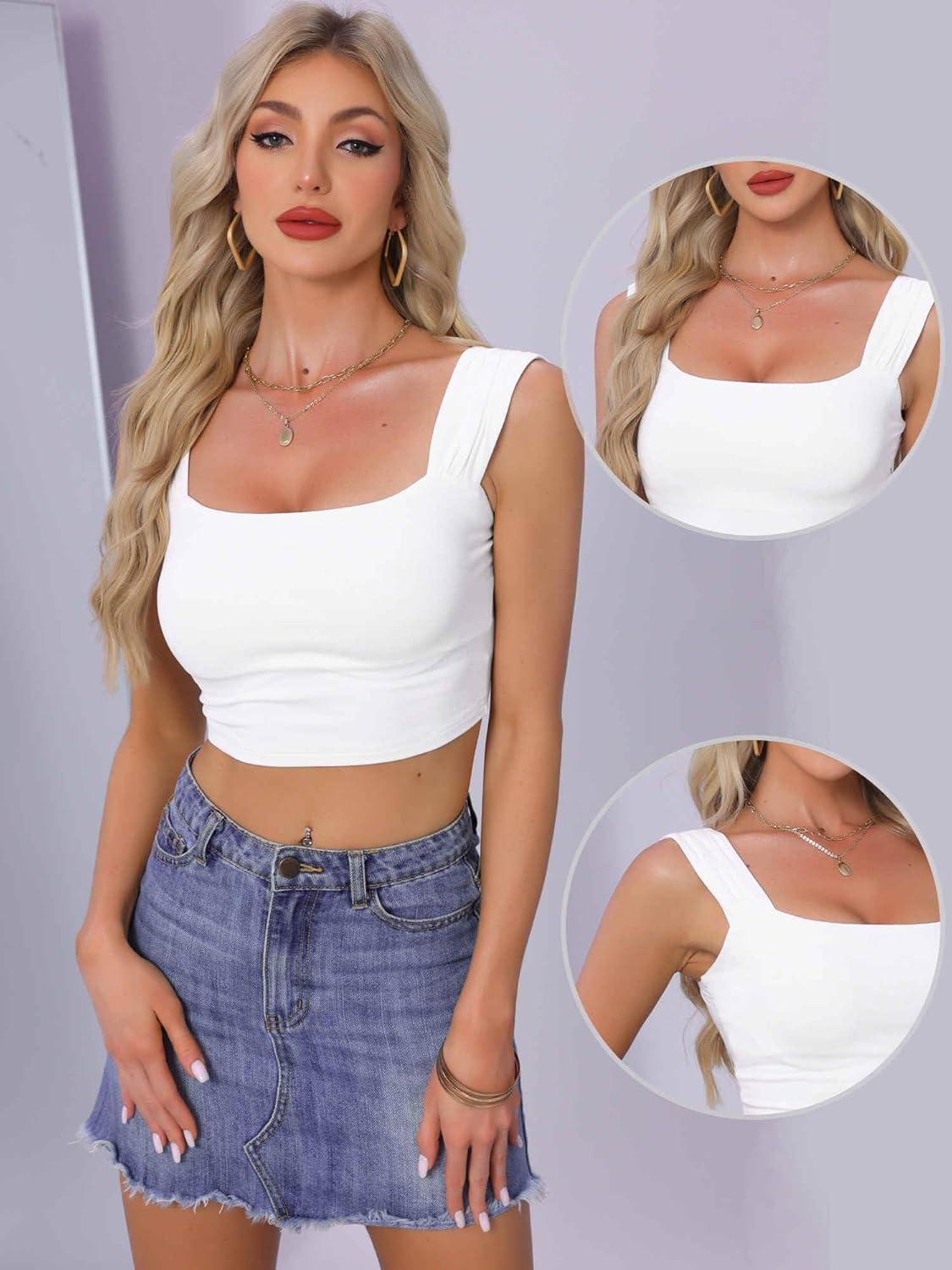 imageAllegra K Square Neck Tank Top for Women Summer Sleeveless Fitted Going Out Crop TopCream White