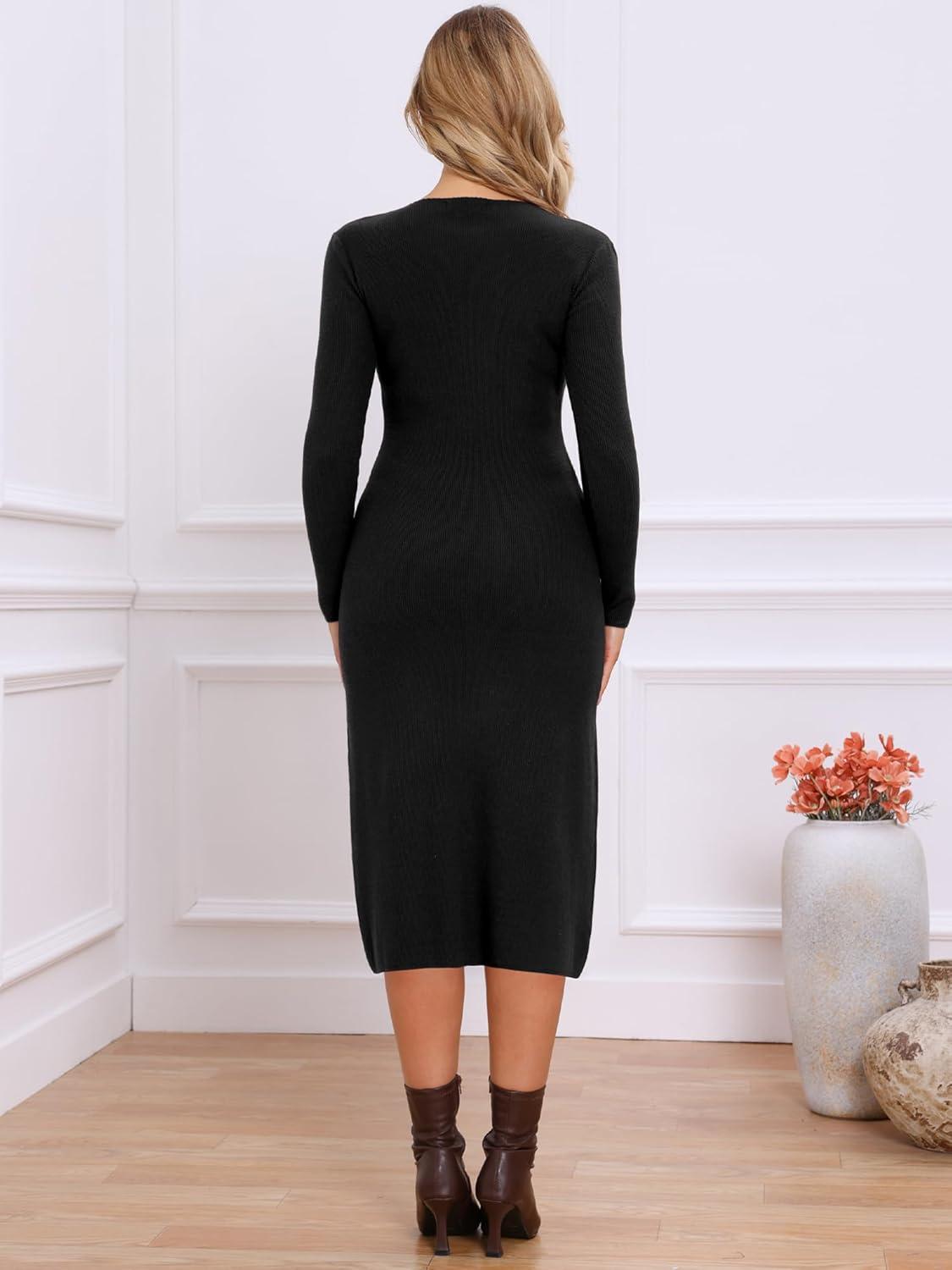 imageAllegra K Sweater Dress for Womens V Neck Long Sleeve Ribbed Knit Midi DressesBlack