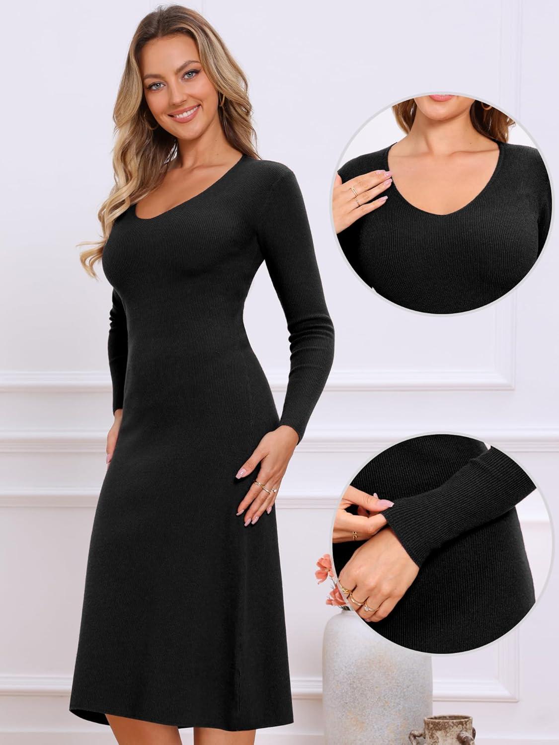 imageAllegra K Sweater Dress for Womens V Neck Long Sleeve Ribbed Knit Midi DressesBlack