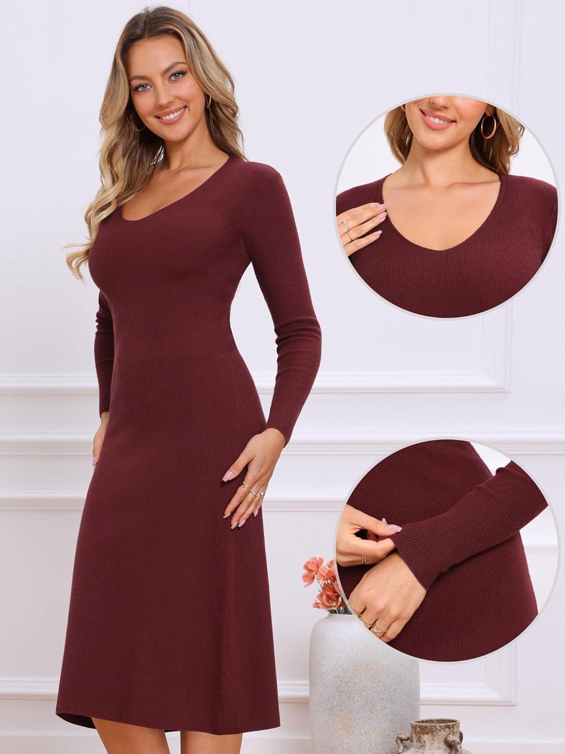 imageAllegra K Sweater Dress for Womens V Neck Long Sleeve Ribbed Knit Midi DressesBurgundy