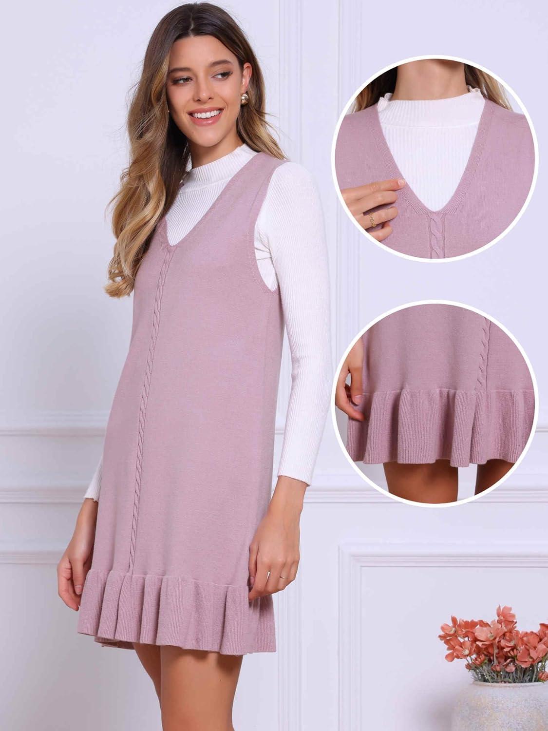 imageAllegra K Sweater Shift Dress for Womens Casual Chunky Knit Sleeveless V Neck Ruffle Mini DressDusty Pink