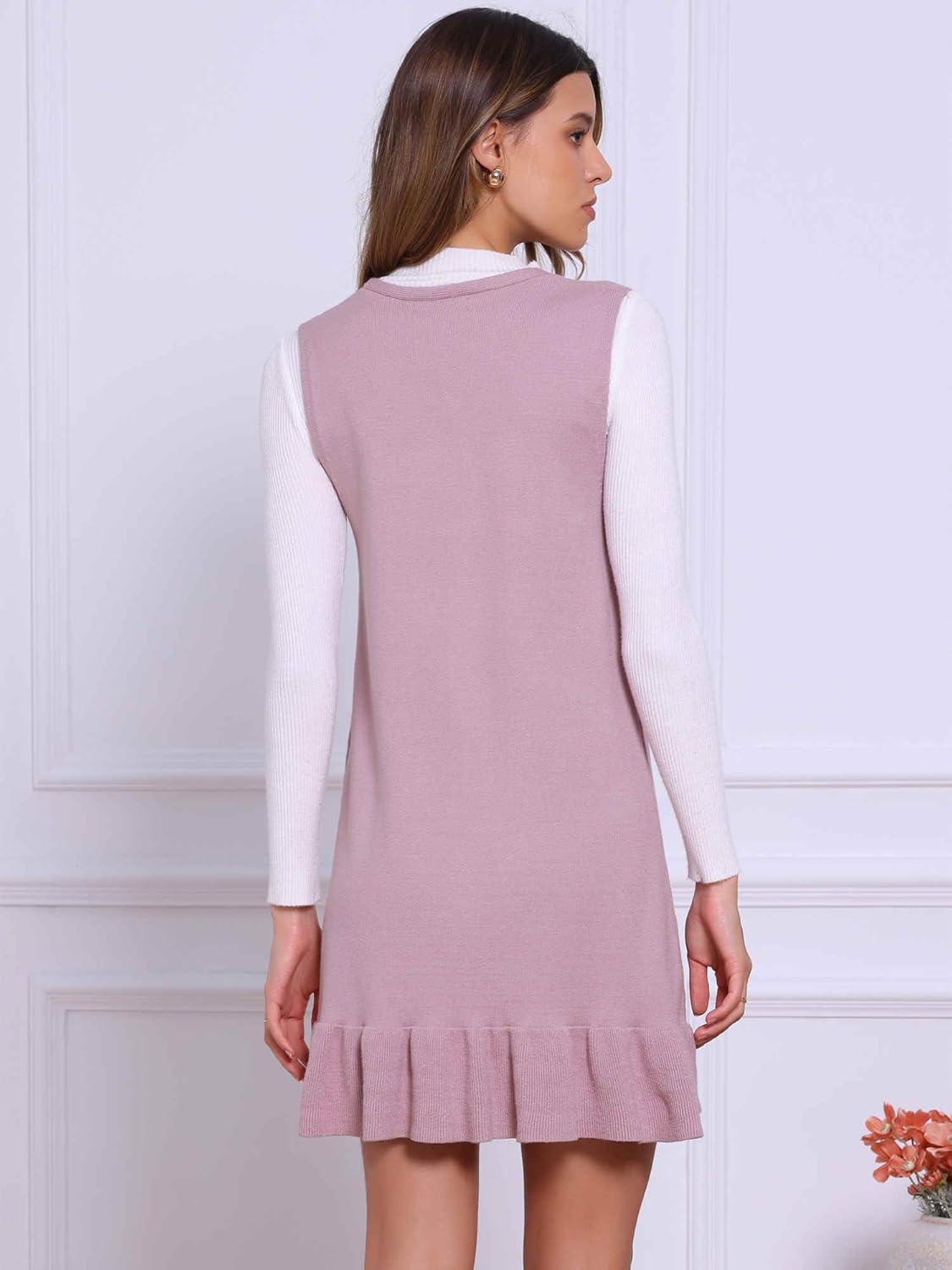 imageAllegra K Sweater Shift Dress for Womens Casual Chunky Knit Sleeveless V Neck Ruffle Mini DressDusty Pink