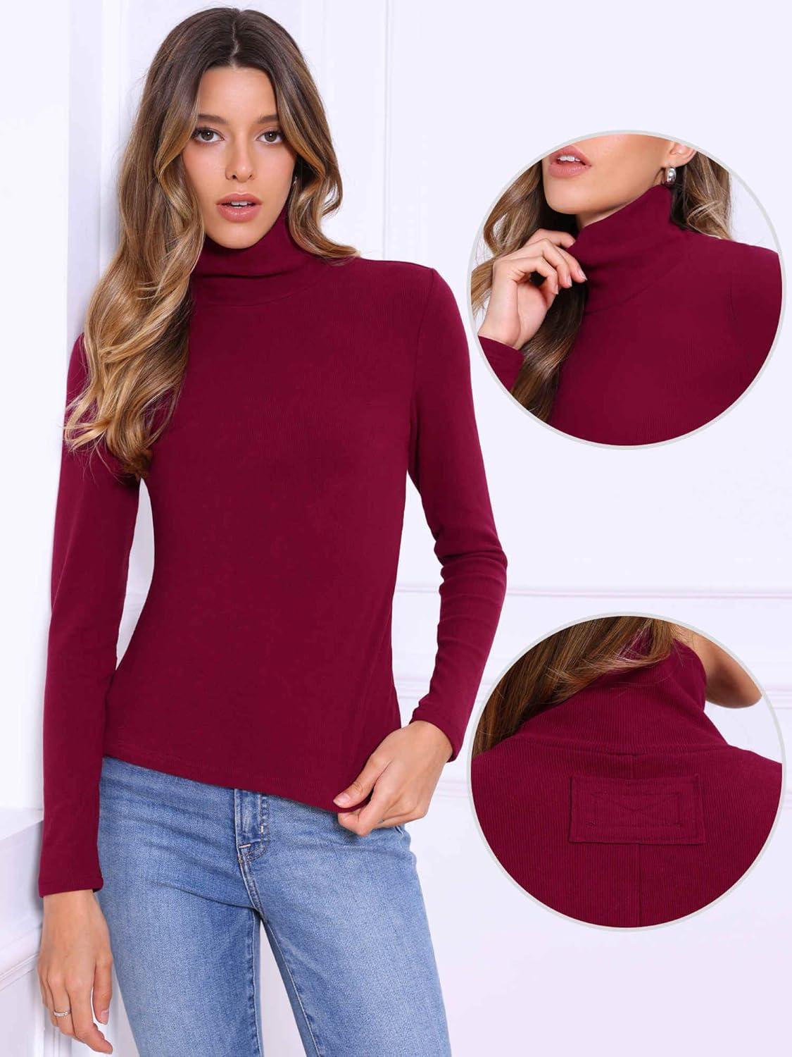 imageAllegra K Sweaters for Women Mock Turtleneck Long Sleeve Fitted Tee Casual Pullover Tops Fashion Clothes 2025 Fall OutfitsWine Red