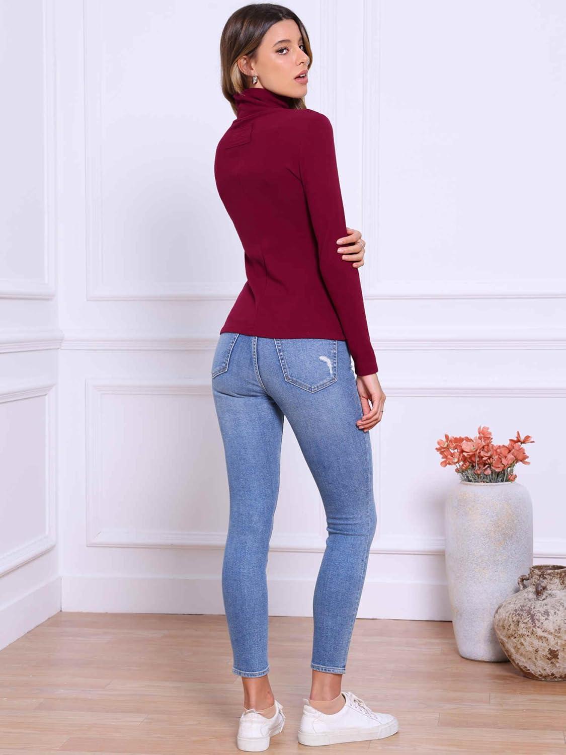 imageAllegra K Sweaters for Women Mock Turtleneck Long Sleeve Fitted Tee Casual Pullover Tops Fashion Clothes 2025 Fall OutfitsWine Red