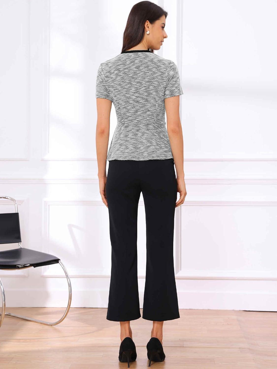 imageAllegra K Tweed Top for Womens Elegant Plaid Crew Neck Short Sleeve Office Work Peplum BlousesBlack