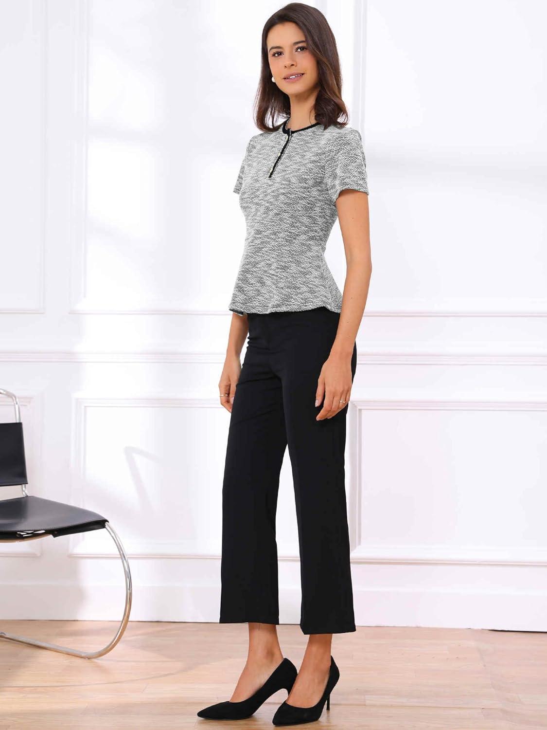 imageAllegra K Tweed Top for Womens Elegant Plaid Crew Neck Short Sleeve Office Work Peplum BlousesBlack