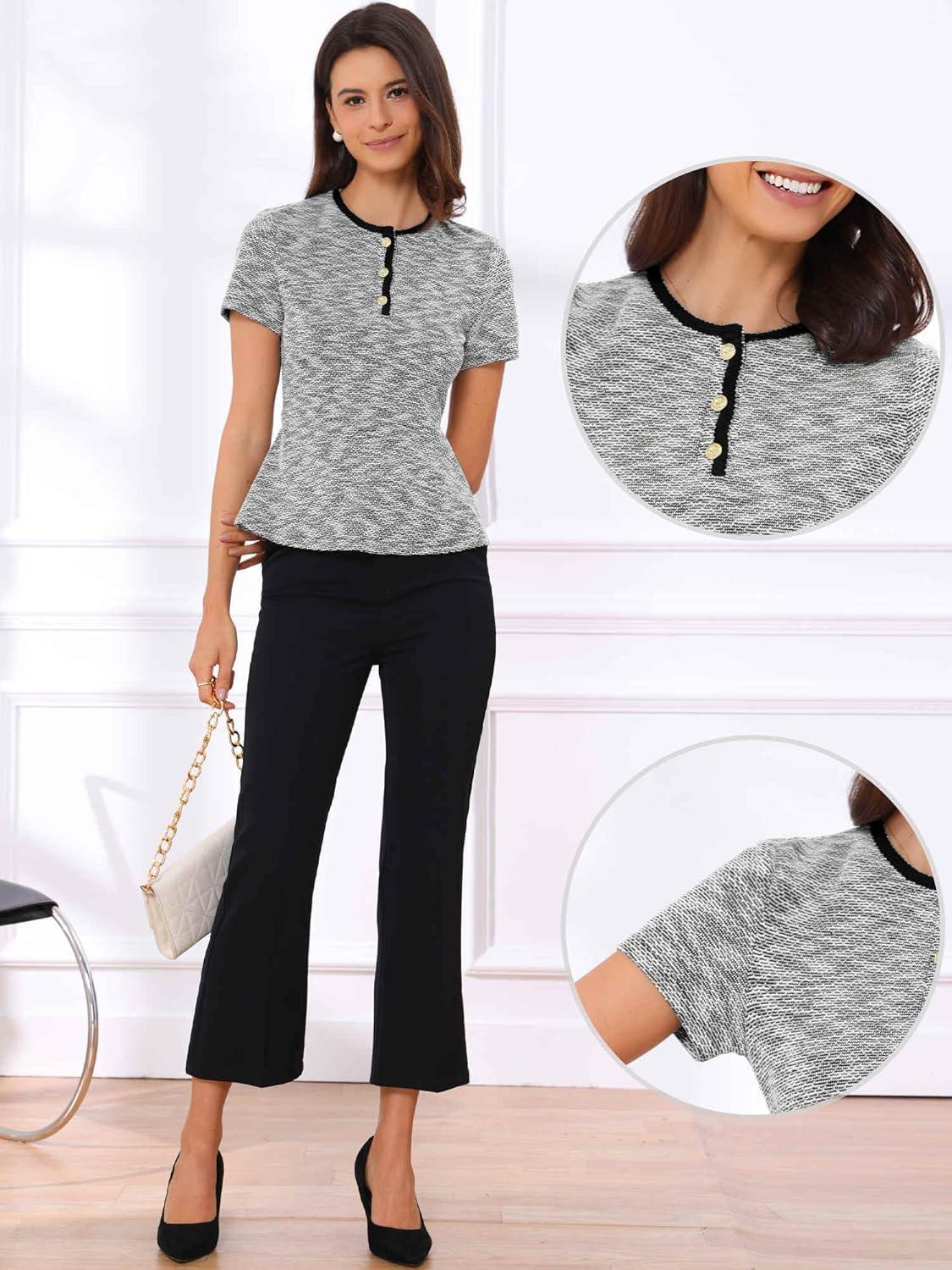 imageAllegra K Tweed Top for Womens Elegant Plaid Crew Neck Short Sleeve Office Work Peplum BlousesBlack