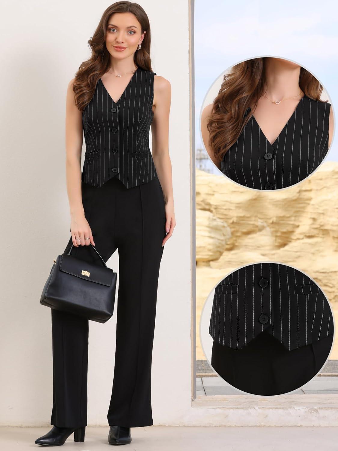 imageAllegra K Vest Tops for Women V Neck Sleeveless Button Down Striped Trendy Waistcoat Top Ladies Business Casual OutfitsBlack