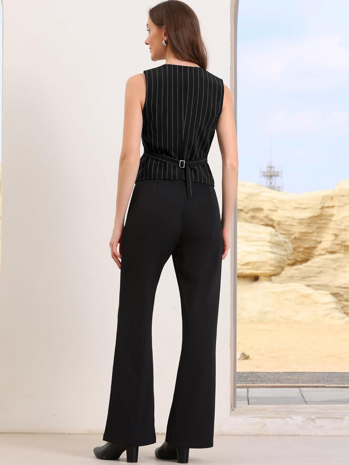 imageAllegra K Vest Tops for Women V Neck Sleeveless Button Down Striped Trendy Waistcoat Top Ladies Business Casual OutfitsBlack