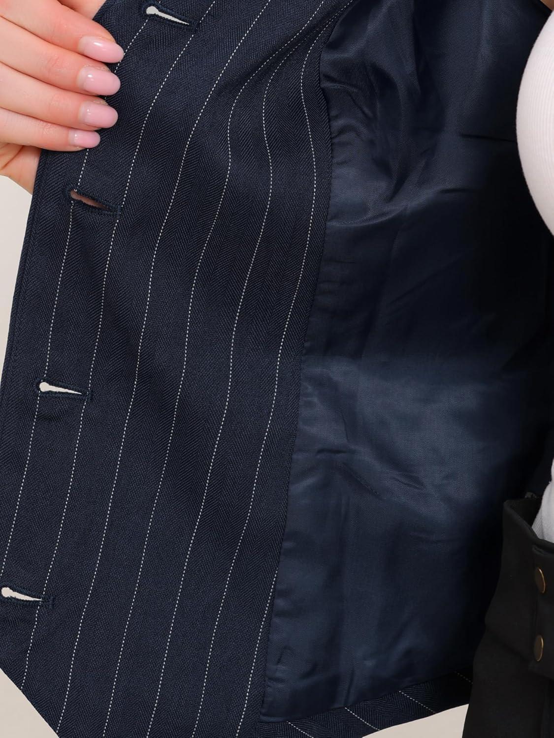 imageAllegra K Vest Tops for Women V Neck Sleeveless Button Down Striped Trendy Waistcoat Top Ladies Business Casual OutfitsDark Blue