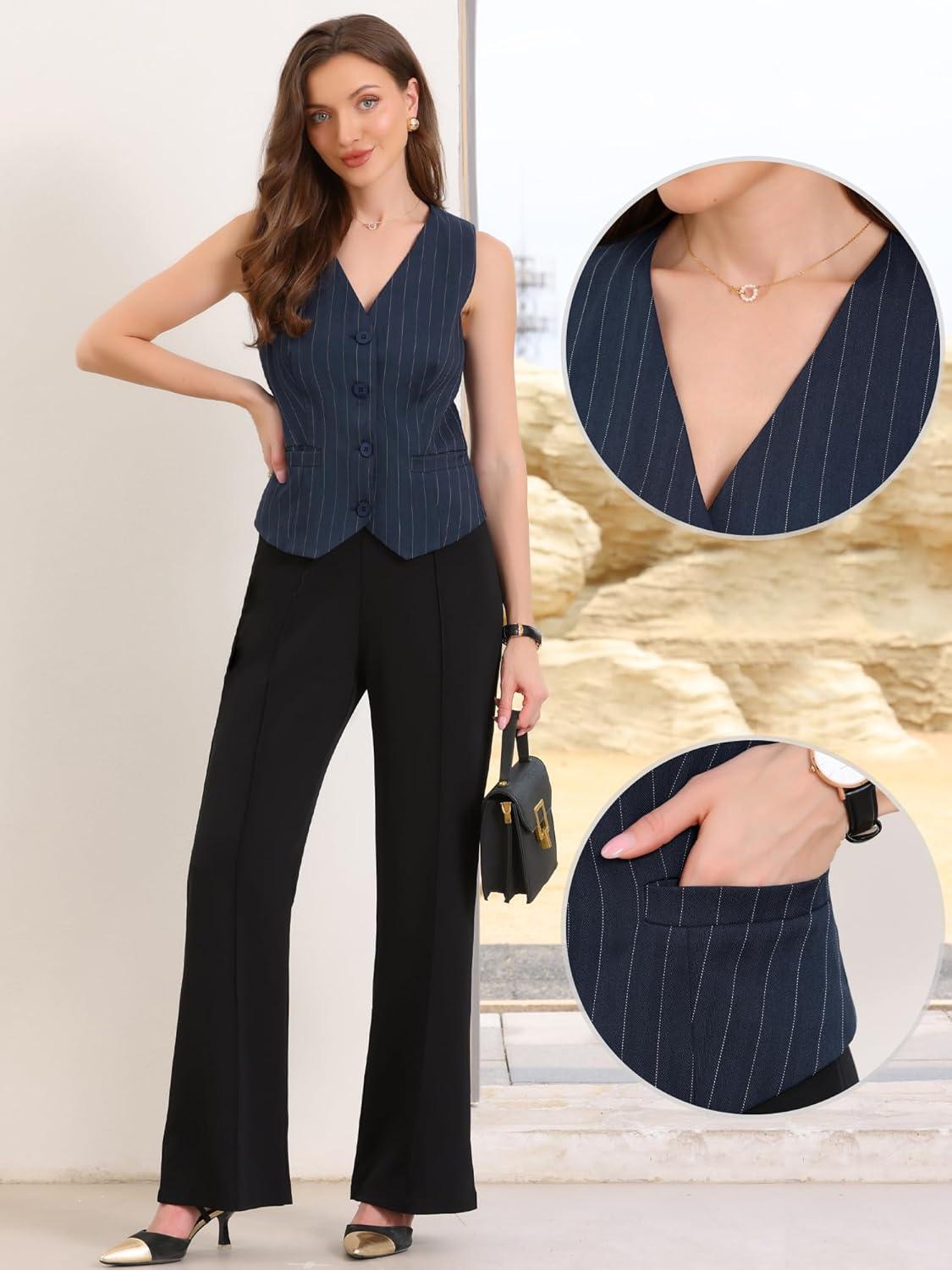 imageAllegra K Vest Tops for Women V Neck Sleeveless Button Down Striped Trendy Waistcoat Top Ladies Business Casual OutfitsDark Blue