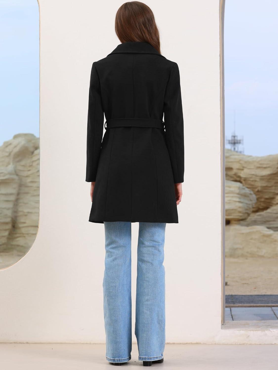 imageAllegra K Winter Coats for Womens Lapel Collared Single Breasted with Belt Overcoat Trench OuterwearBlack