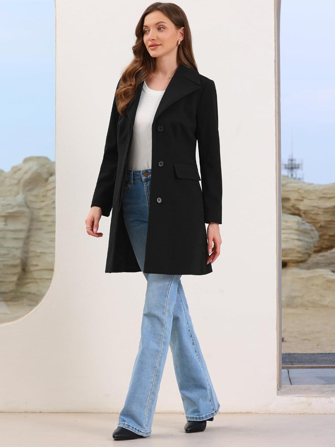imageAllegra K Winter Coats for Womens Lapel Collared Single Breasted with Belt Overcoat Trench OuterwearBlack