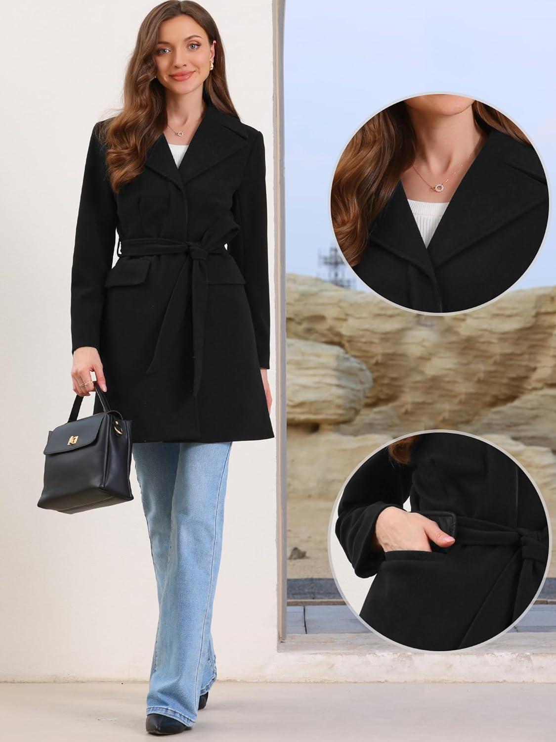 imageAllegra K Winter Coats for Womens Lapel Collared Single Breasted with Belt Overcoat Trench OuterwearBlack