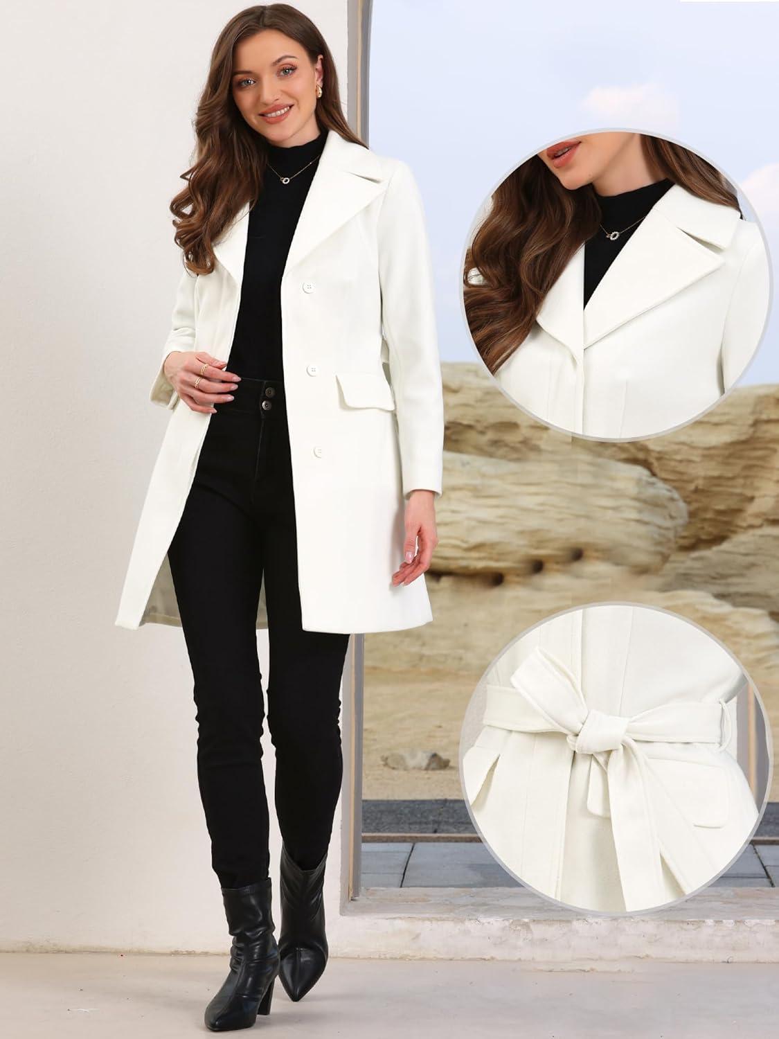 imageAllegra K Winter Coats for Womens Lapel Collared Single Breasted with Belt Overcoat Trench OuterwearWhite