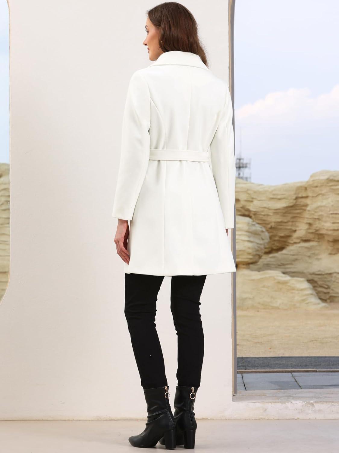 imageAllegra K Winter Coats for Womens Lapel Collared Single Breasted with Belt Overcoat Trench OuterwearWhite