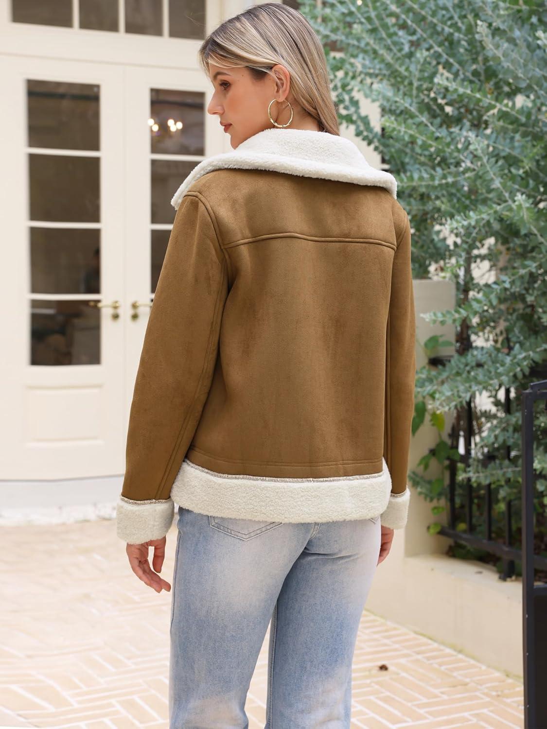 imageAllegra K Winter Faux Suede Jacket Coat for Women 2025 Faux Fur Shearing Lined Warm Thick Fleece Fuzzy OuterwearBrown