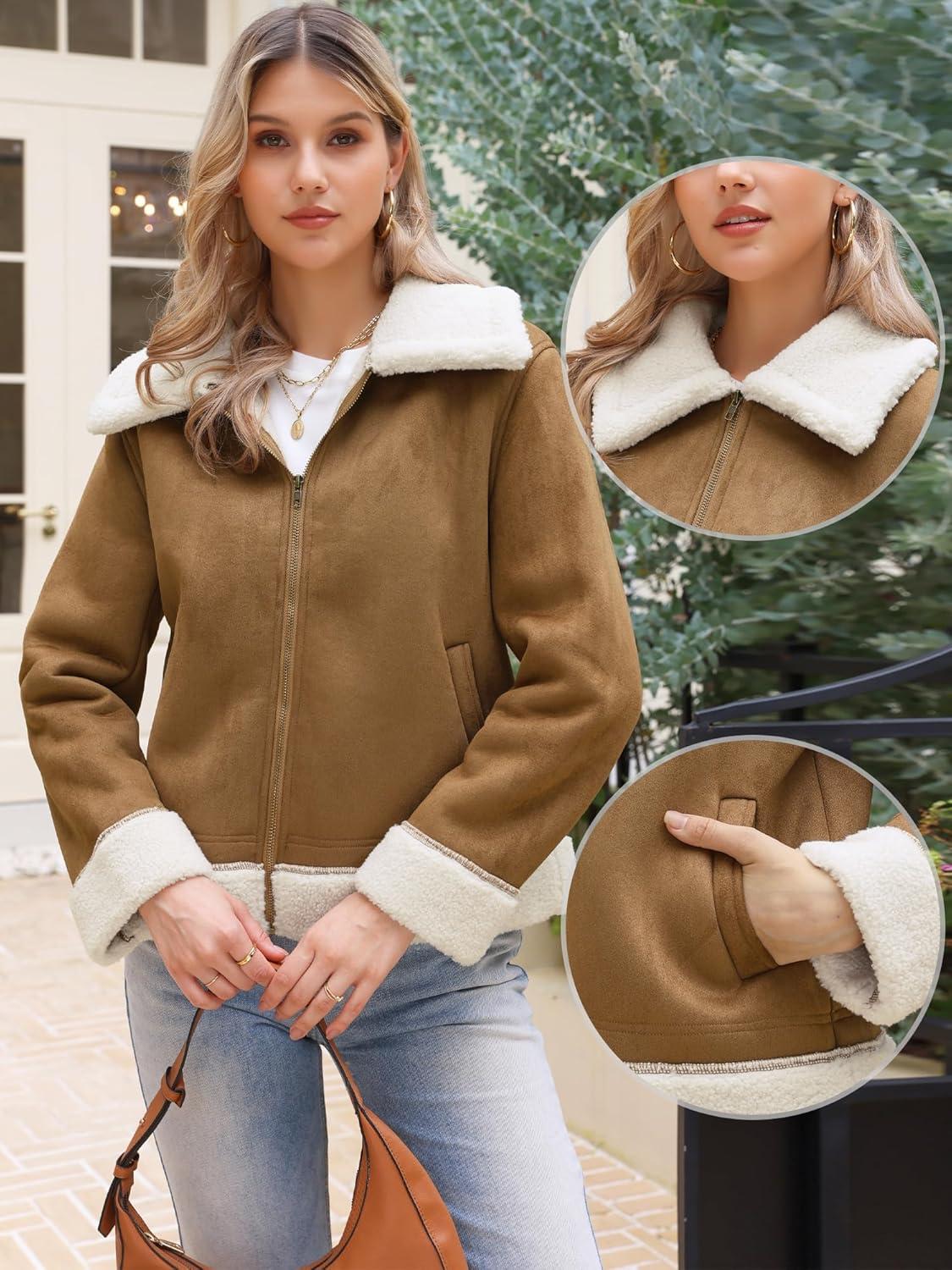 imageAllegra K Winter Faux Suede Jacket Coat for Women 2025 Faux Fur Shearing Lined Warm Thick Fleece Fuzzy OuterwearBrown