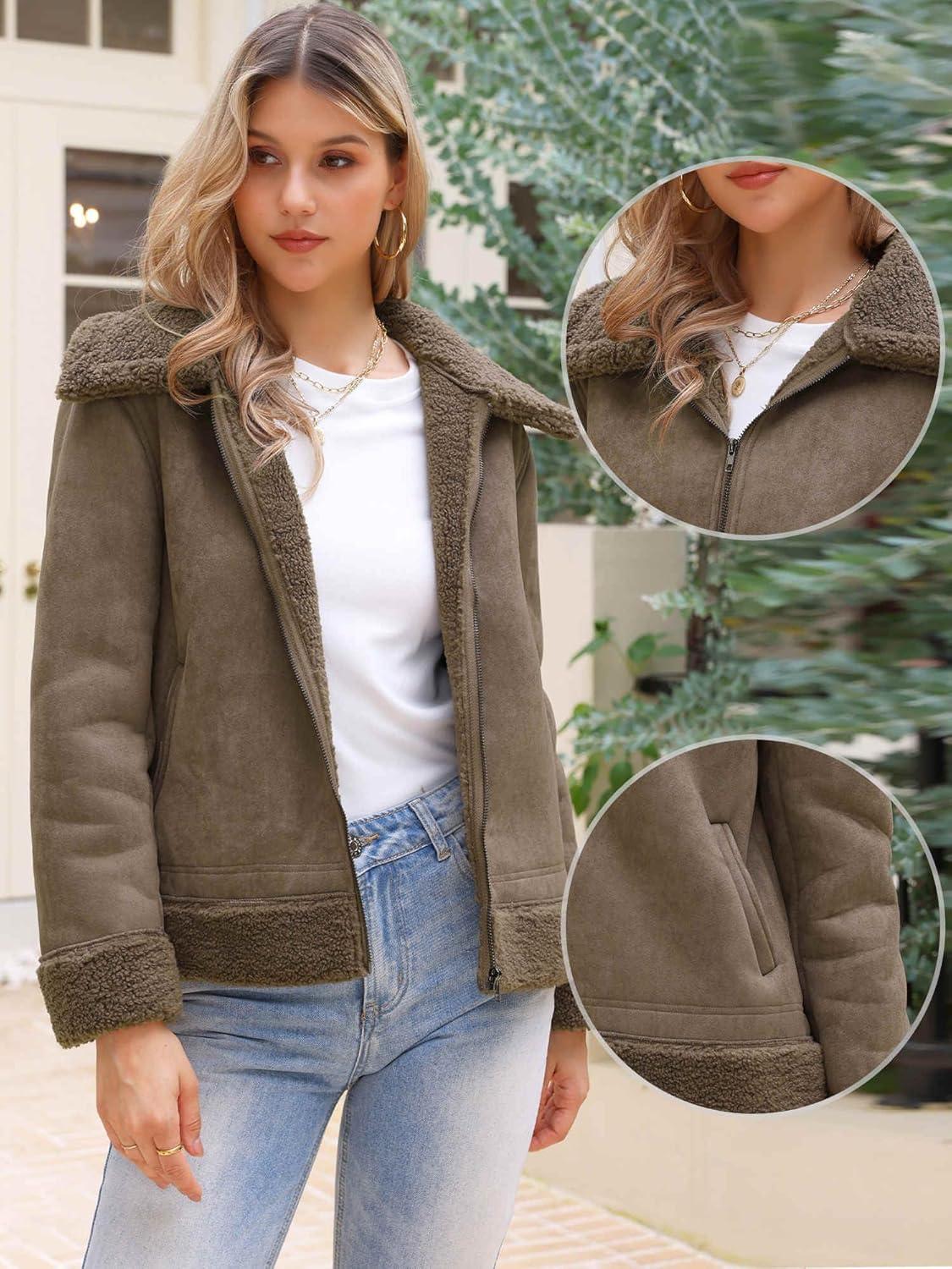 imageAllegra K Winter Faux Suede Jacket Coat for Women 2025 Faux Fur Shearing Lined Warm Thick Fleece Fuzzy OuterwearDark Brown