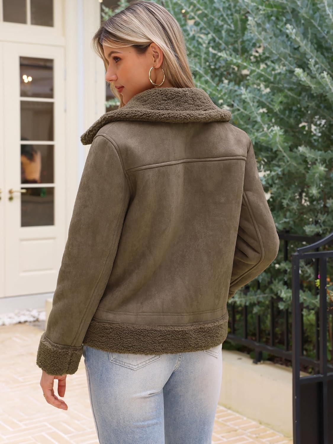 imageAllegra K Winter Faux Suede Jacket Coat for Women 2025 Faux Fur Shearing Lined Warm Thick Fleece Fuzzy OuterwearDark Brown