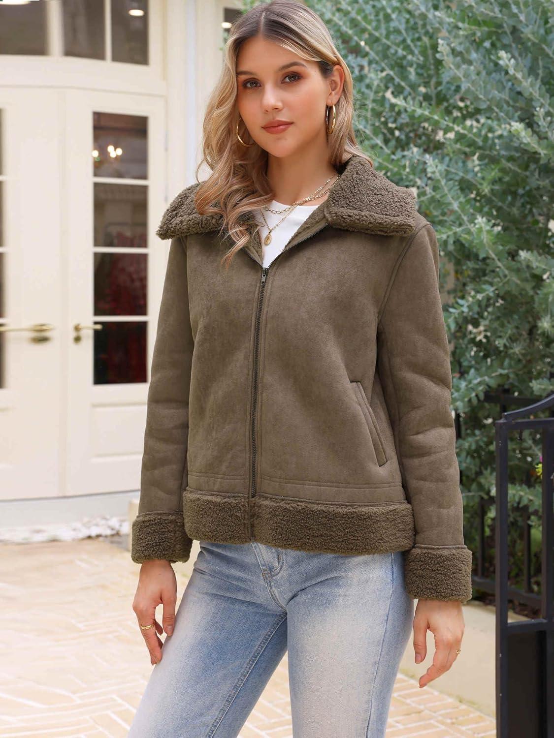 imageAllegra K Winter Faux Suede Jacket Coat for Women 2025 Faux Fur Shearing Lined Warm Thick Fleece Fuzzy OuterwearDark Brown