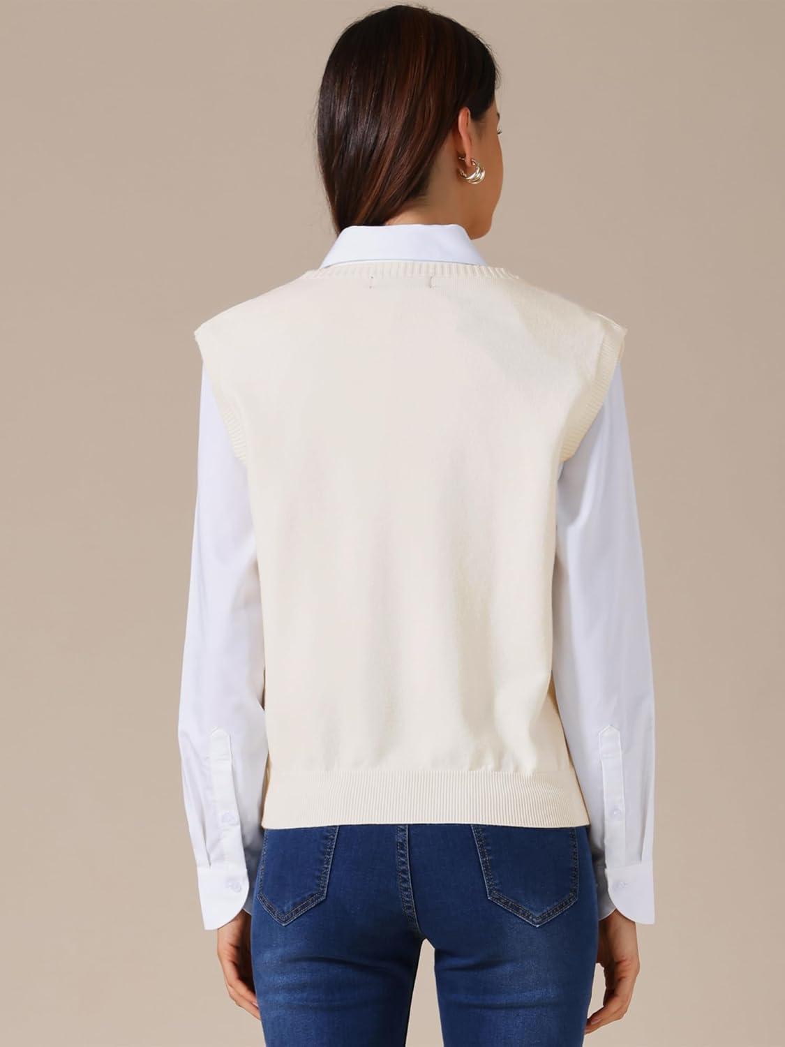 imageAllegra K Womens Sweater Vest V Neck Sleeveless Uniform Classic Knitted Pullover TopsBeige