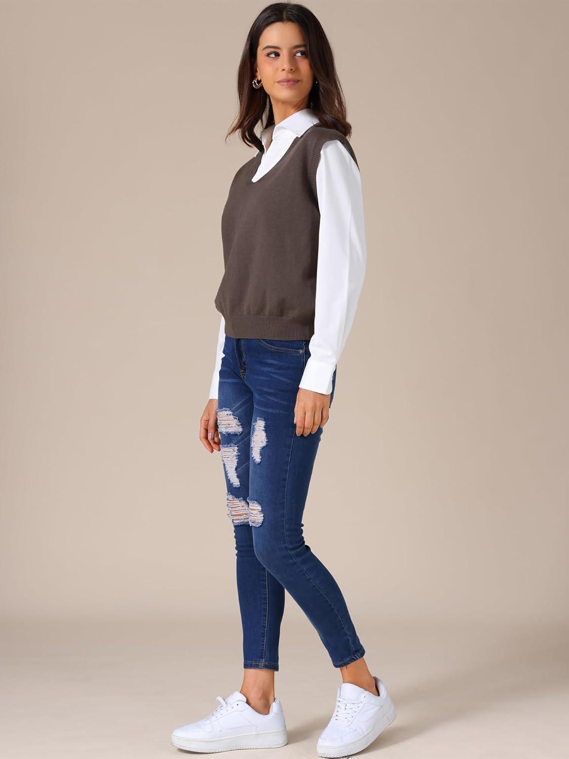 imageAllegra K Womens Sweater Vest V Neck Sleeveless Uniform Classic Knitted Pullover TopsCoffee
