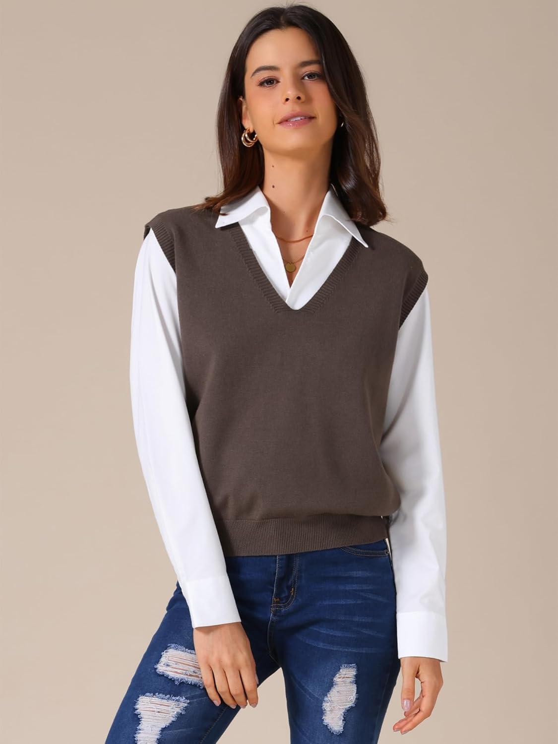 imageAllegra K Womens Sweater Vest V Neck Sleeveless Uniform Classic Knitted Pullover TopsCoffee