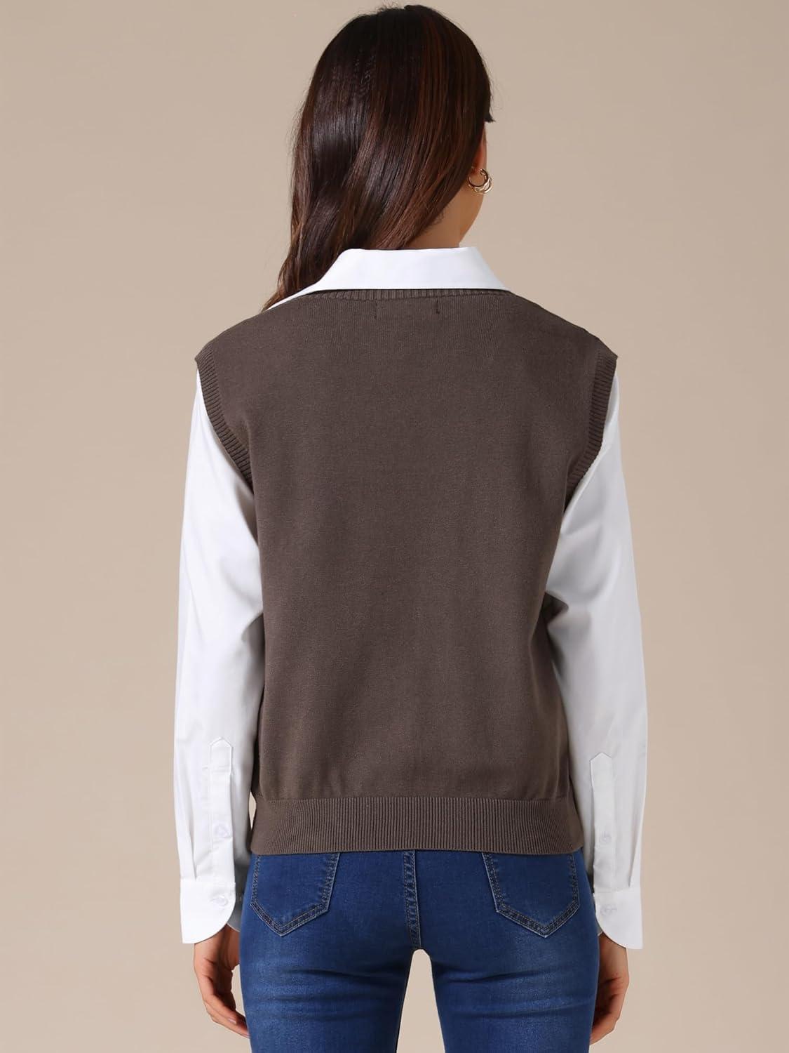 imageAllegra K Womens Sweater Vest V Neck Sleeveless Uniform Classic Knitted Pullover TopsCoffee