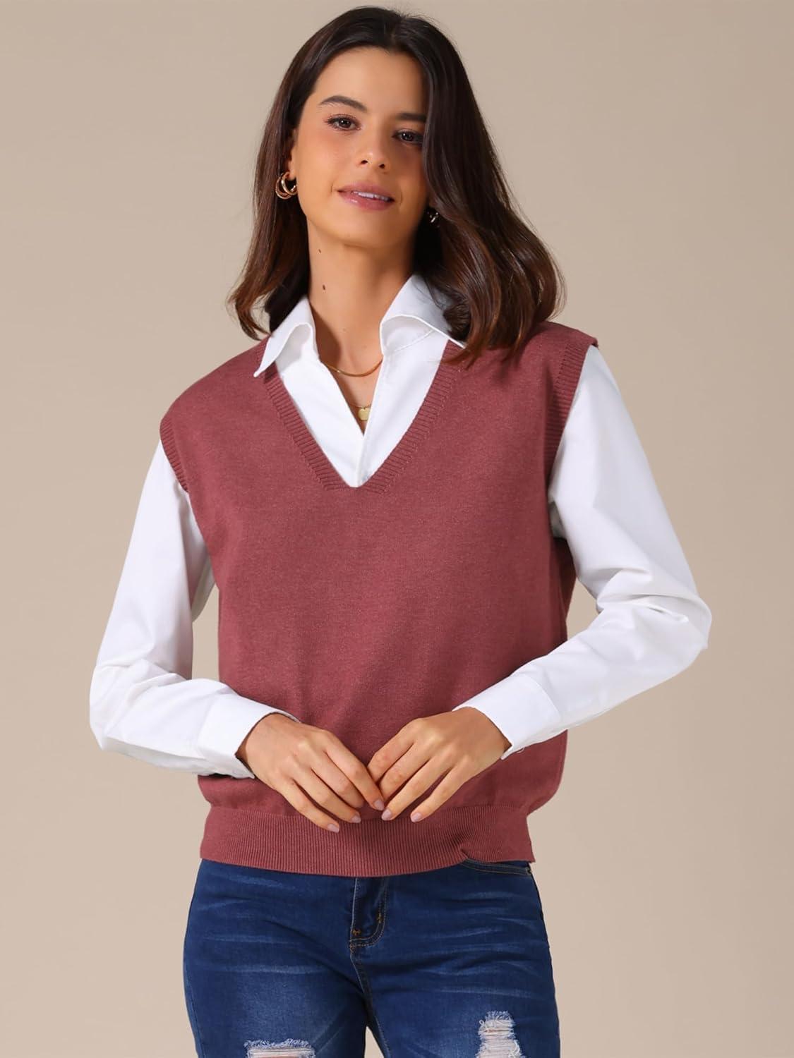 imageAllegra K Womens Sweater Vest V Neck Sleeveless Uniform Classic Knitted Pullover TopsDark Red