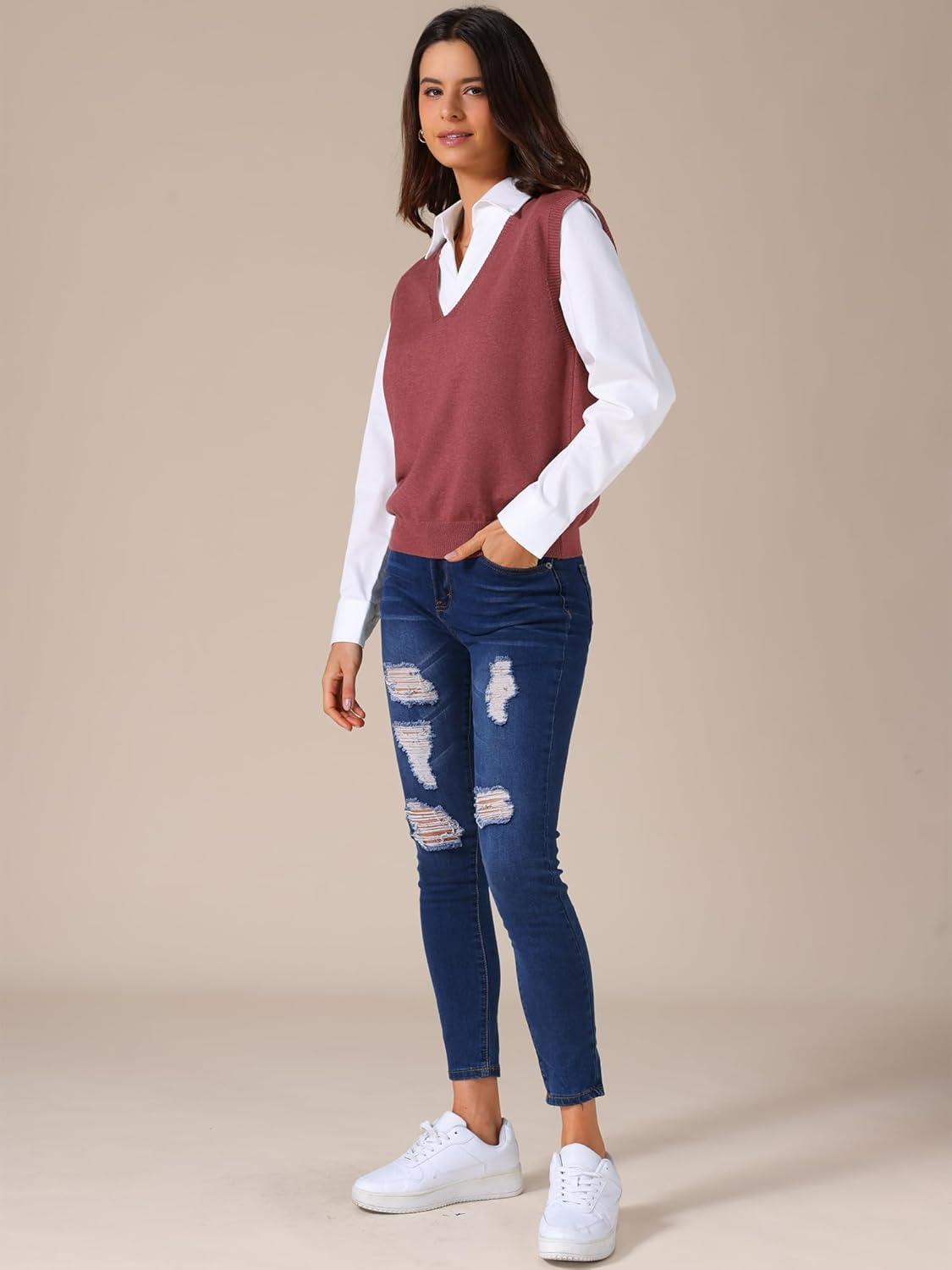 imageAllegra K Womens Sweater Vest V Neck Sleeveless Uniform Classic Knitted Pullover TopsDark Red