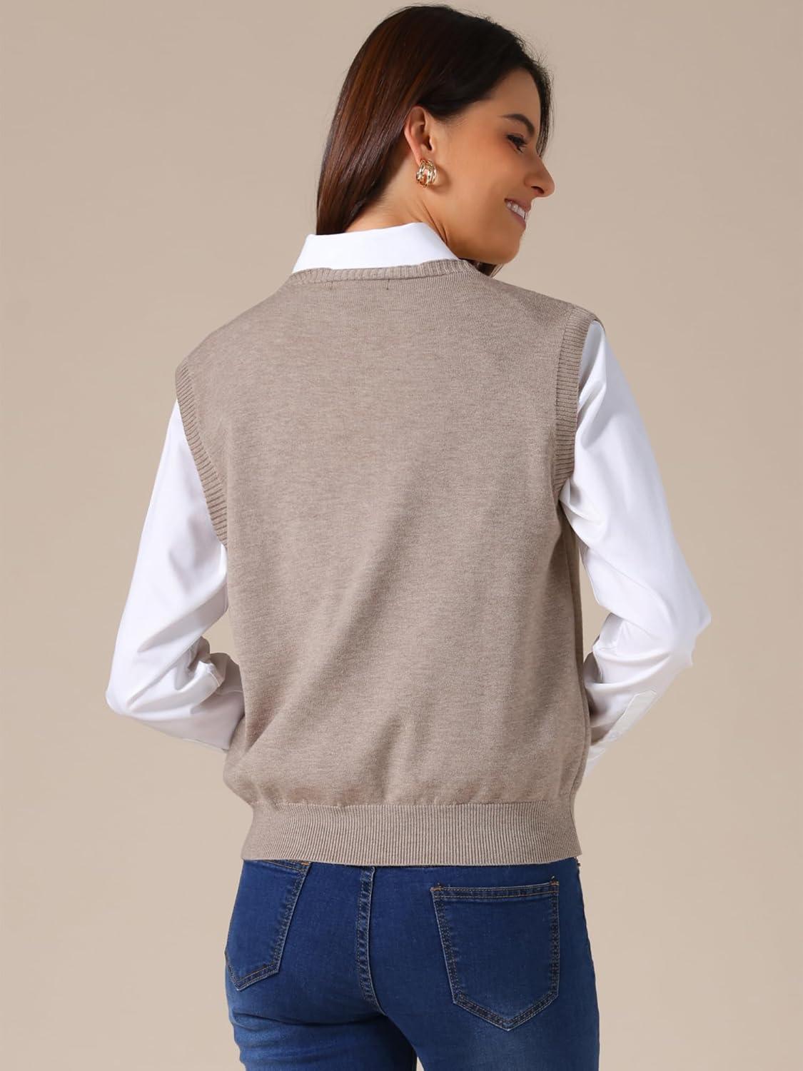 imageAllegra K Womens Sweater Vest V Neck Sleeveless Uniform Classic Knitted Pullover TopsKhaki