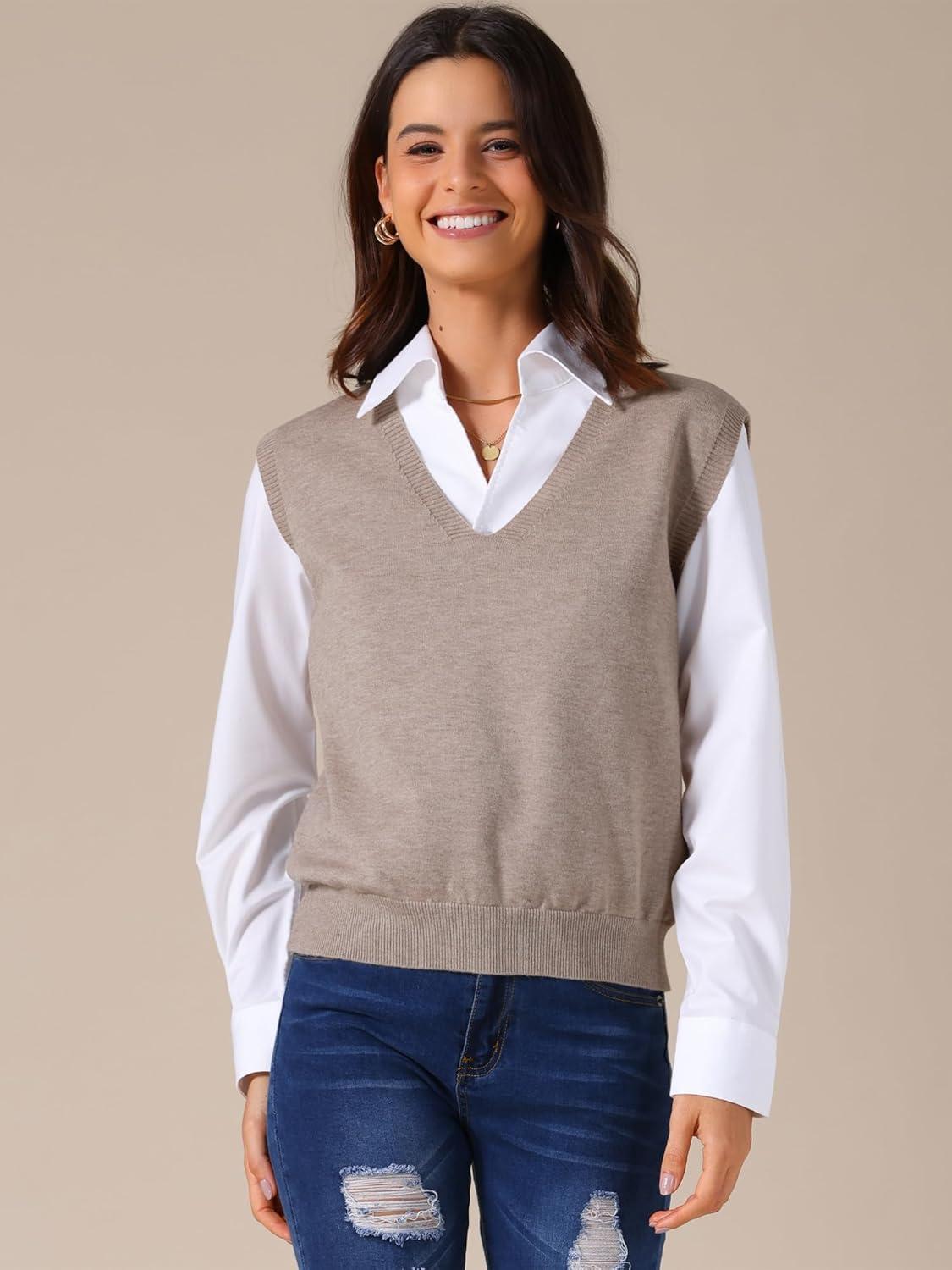 imageAllegra K Womens Sweater Vest V Neck Sleeveless Uniform Classic Knitted Pullover TopsKhaki