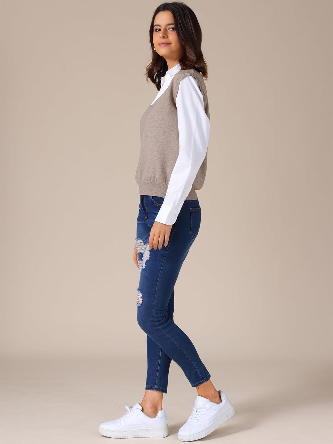 imageAllegra K Womens Sweater Vest V Neck Sleeveless Uniform Classic Knitted Pullover TopsKhaki