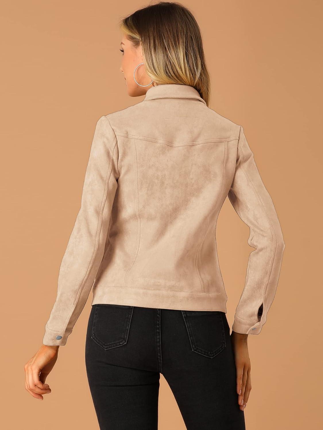 imageAllegra K Womens TurnDown Collar Flap Pockets Snap Button Faux Suede JacketApricot Pink