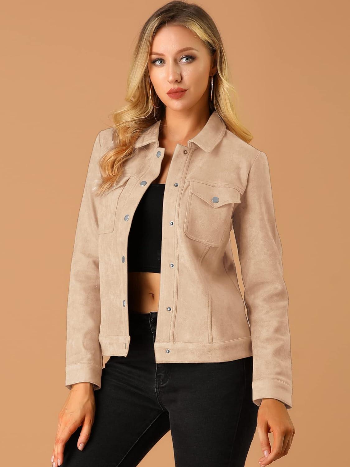imageAllegra K Womens TurnDown Collar Flap Pockets Snap Button Faux Suede JacketApricot Pink
