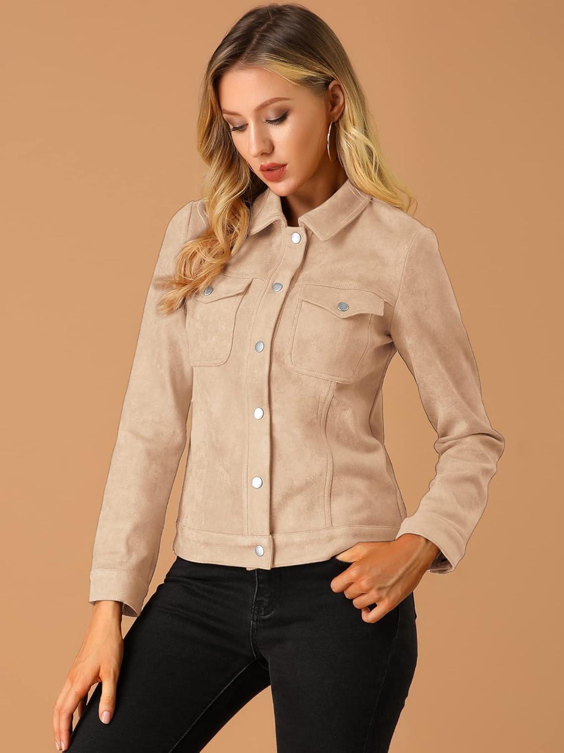 imageAllegra K Womens TurnDown Collar Flap Pockets Snap Button Faux Suede JacketApricot Pink