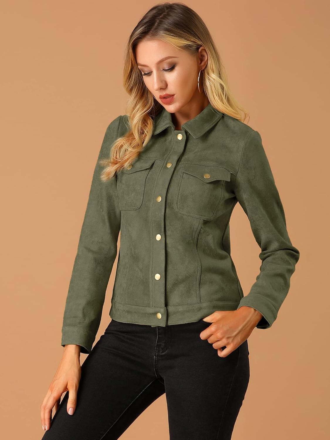 imageAllegra K Womens TurnDown Collar Flap Pockets Snap Button Faux Suede JacketArmy Green