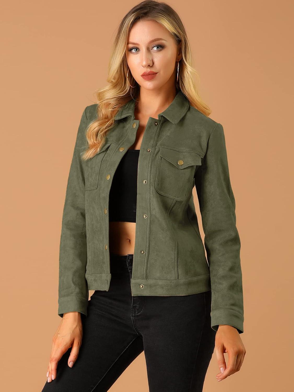 imageAllegra K Womens TurnDown Collar Flap Pockets Snap Button Faux Suede JacketArmy Green
