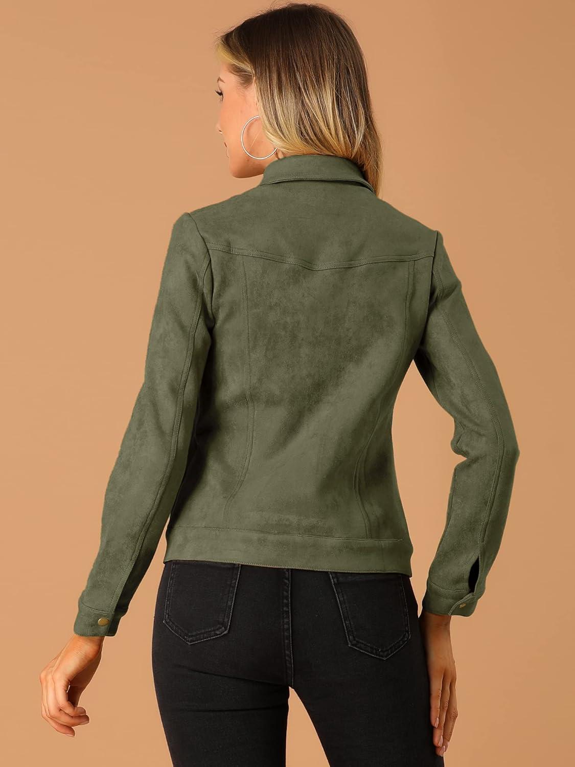 imageAllegra K Womens TurnDown Collar Flap Pockets Snap Button Faux Suede JacketArmy Green