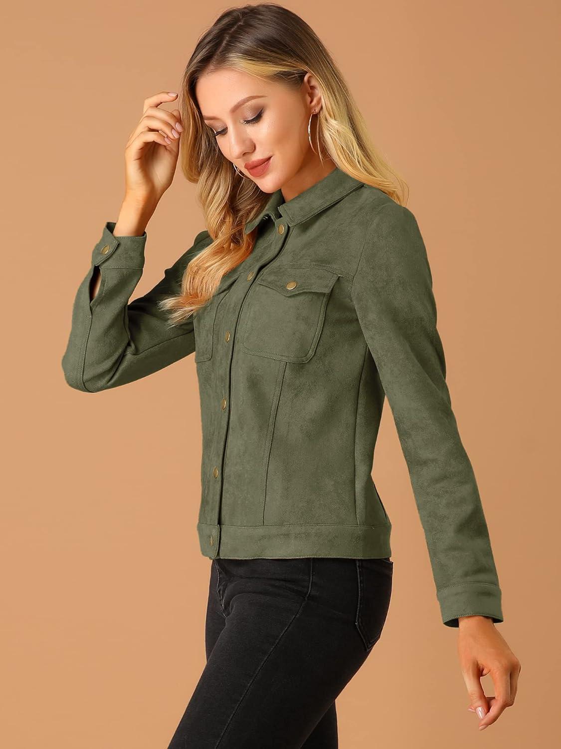 imageAllegra K Womens TurnDown Collar Flap Pockets Snap Button Faux Suede JacketArmy Green