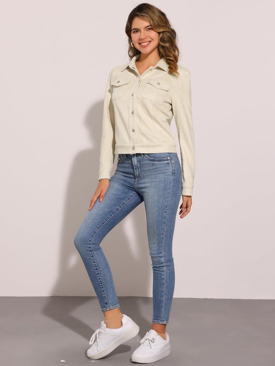 imageAllegra K Womens TurnDown Collar Flap Pockets Snap Button Faux Suede JacketBeige