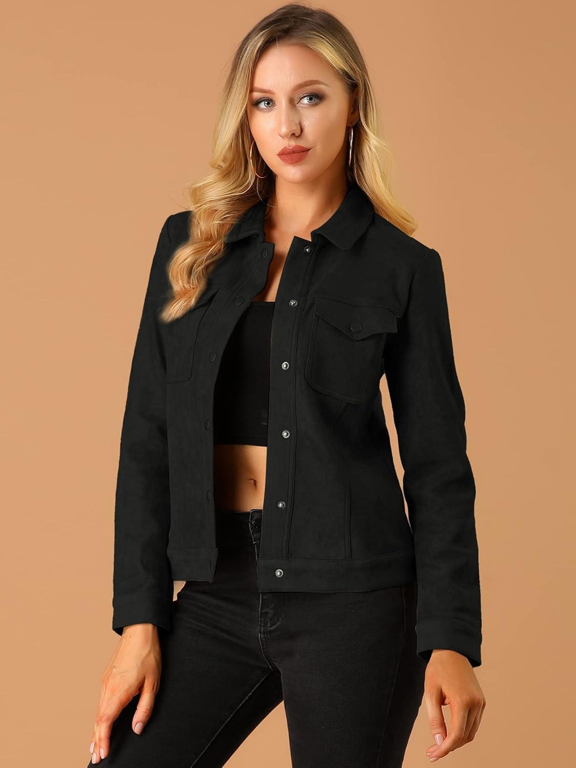imageAllegra K Womens TurnDown Collar Flap Pockets Snap Button Faux Suede JacketBlack