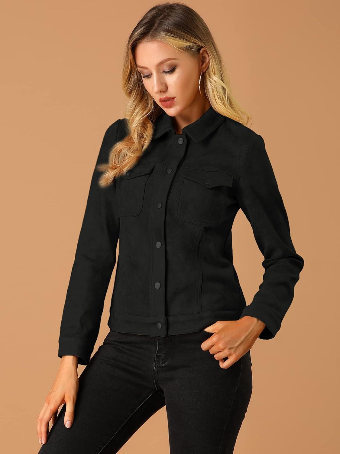 imageAllegra K Womens TurnDown Collar Flap Pockets Snap Button Faux Suede JacketBlack