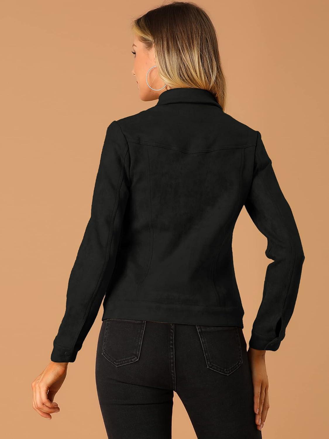 imageAllegra K Womens TurnDown Collar Flap Pockets Snap Button Faux Suede JacketBlack