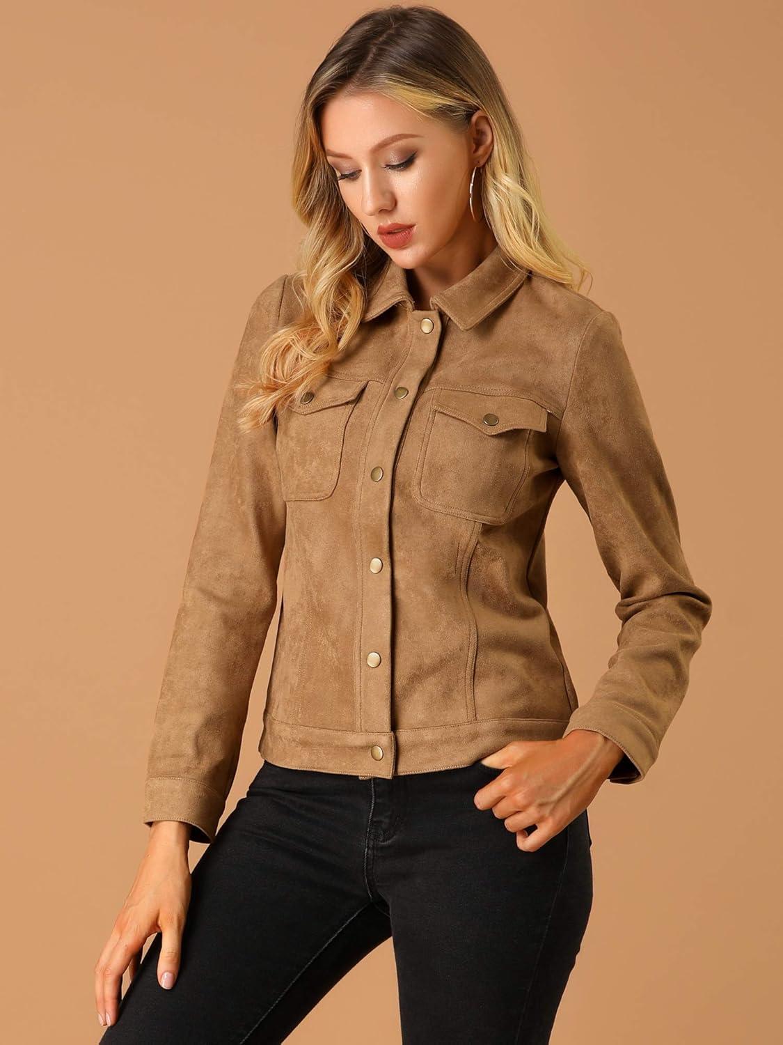 imageAllegra K Womens TurnDown Collar Flap Pockets Snap Button Faux Suede JacketBrown
