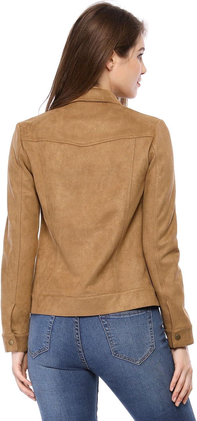 imageAllegra K Womens TurnDown Collar Flap Pockets Snap Button Faux Suede JacketBrown