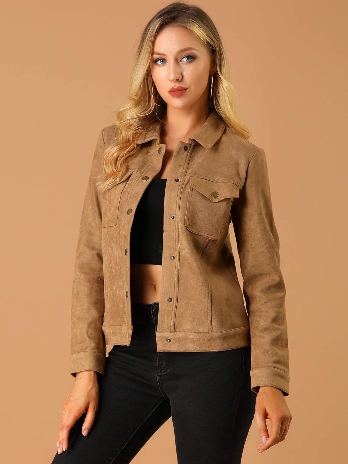 imageAllegra K Womens TurnDown Collar Flap Pockets Snap Button Faux Suede JacketBrown