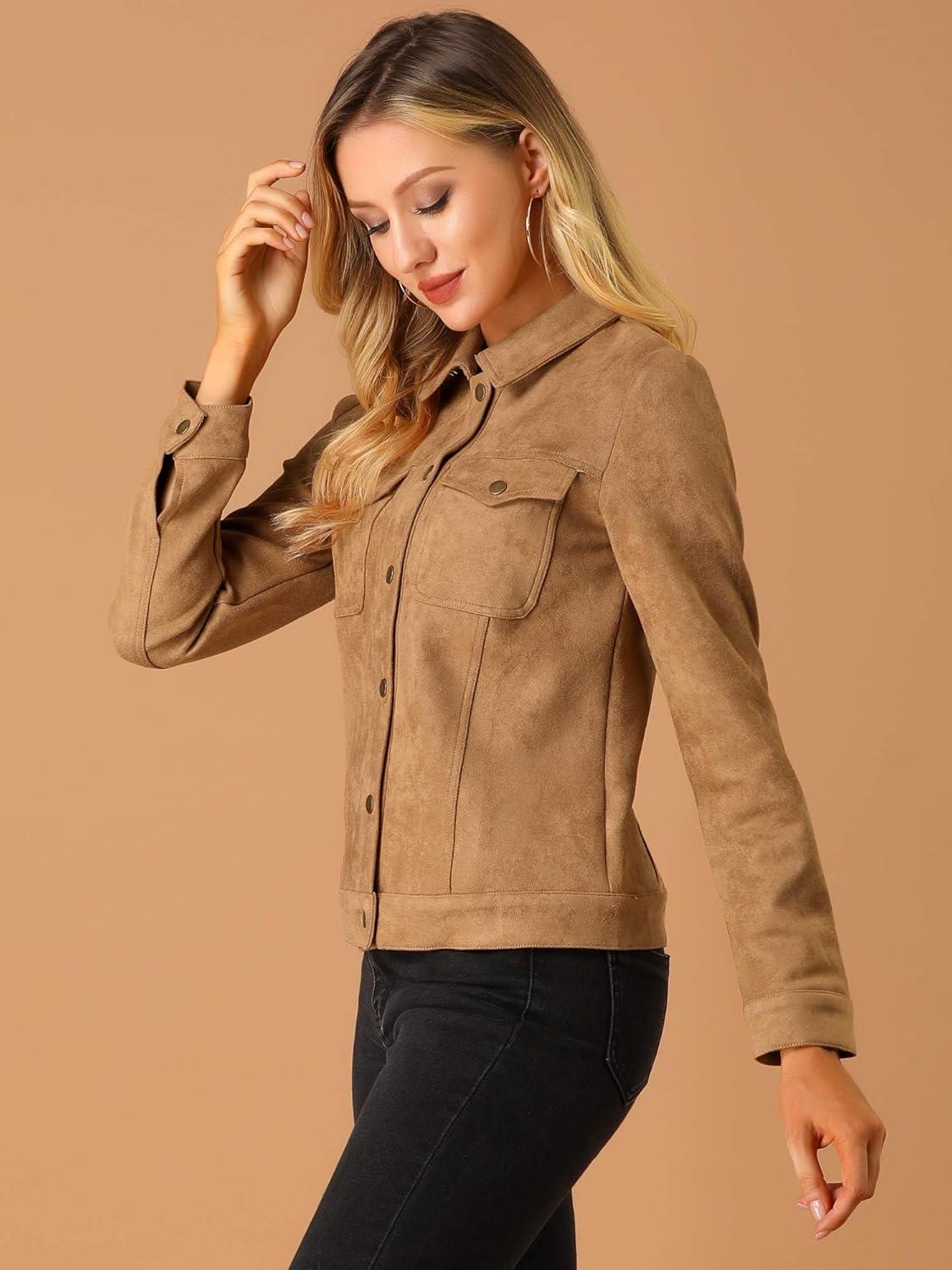 imageAllegra K Womens TurnDown Collar Flap Pockets Snap Button Faux Suede JacketBrown