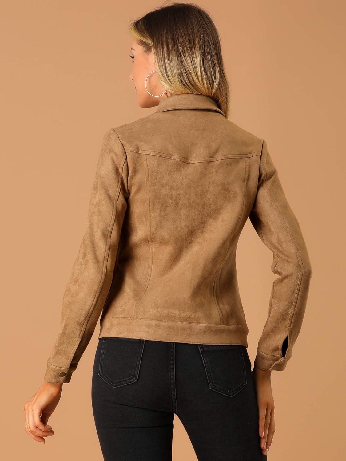 imageAllegra K Womens TurnDown Collar Flap Pockets Snap Button Faux Suede JacketBrown